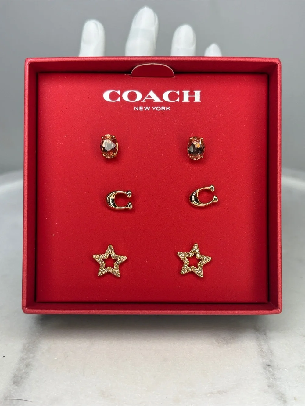 Coach Gold Tone Earring Trio with Pink Stones and Star Accents w/ Dusty NWT - Picture 1 of 4